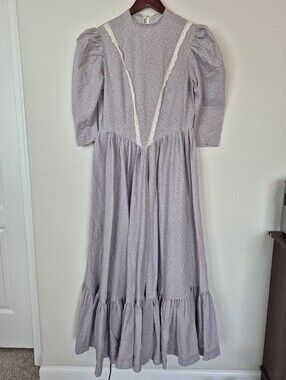 Vintage Prairie Maxi Dress Cottagecore Calico Floral Lace Trim Puff Sleeve Gown